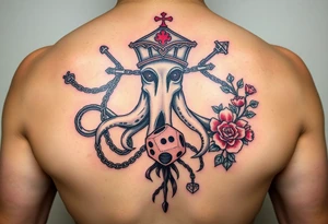 Squid and knight and sailor hat combined with chains, tree roots, cherry blossoms and roses rolling dice tattoo idea