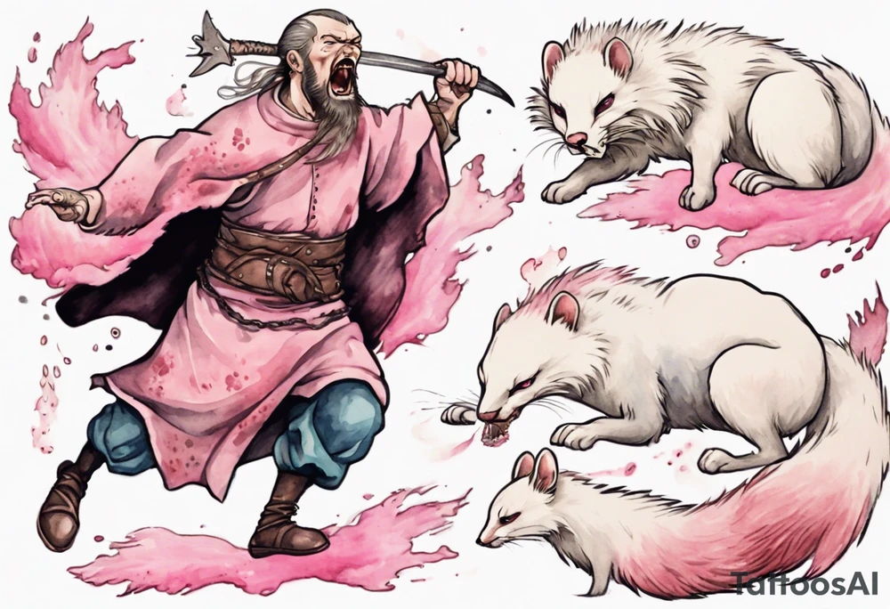 an angry medieval man being attacked by an ermine with pink fur tattoo idea