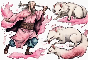 an angry medieval man being attacked by an ermine with pink fur tattoo idea