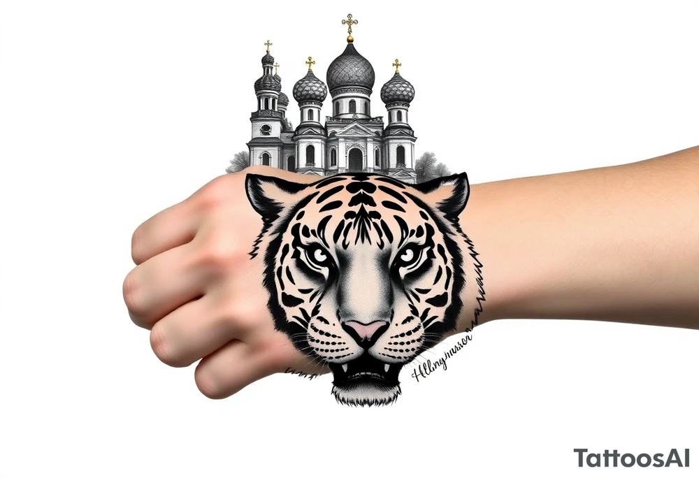 Realistic tiger face on the back of the hand with its eyes ALL black and no pupils, sitting beneath a Russian Orthodox cathedral sitting above on the top fore arm with onion domes and orthodox crosses. with clouds above and a virgin mary tattoo idea
