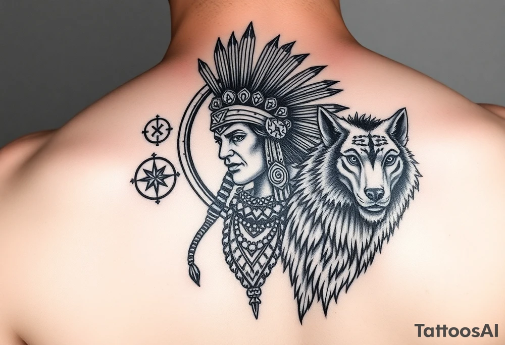 Purepecha warrior surrounded by purepecha symbols next to a wolf tattoo idea