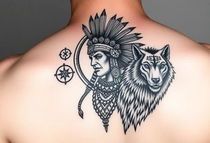 Purepecha warrior surrounded by purepecha symbols next to a wolf tattoo idea