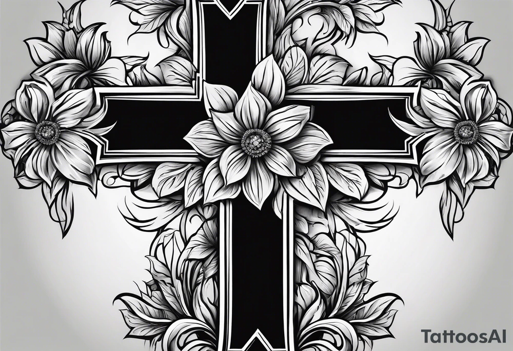 A wood plain Christian cross with 3 large flowers surrounding it tattoo idea