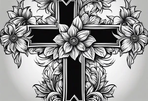 A wood plain Christian cross with 3 large flowers surrounding it tattoo idea