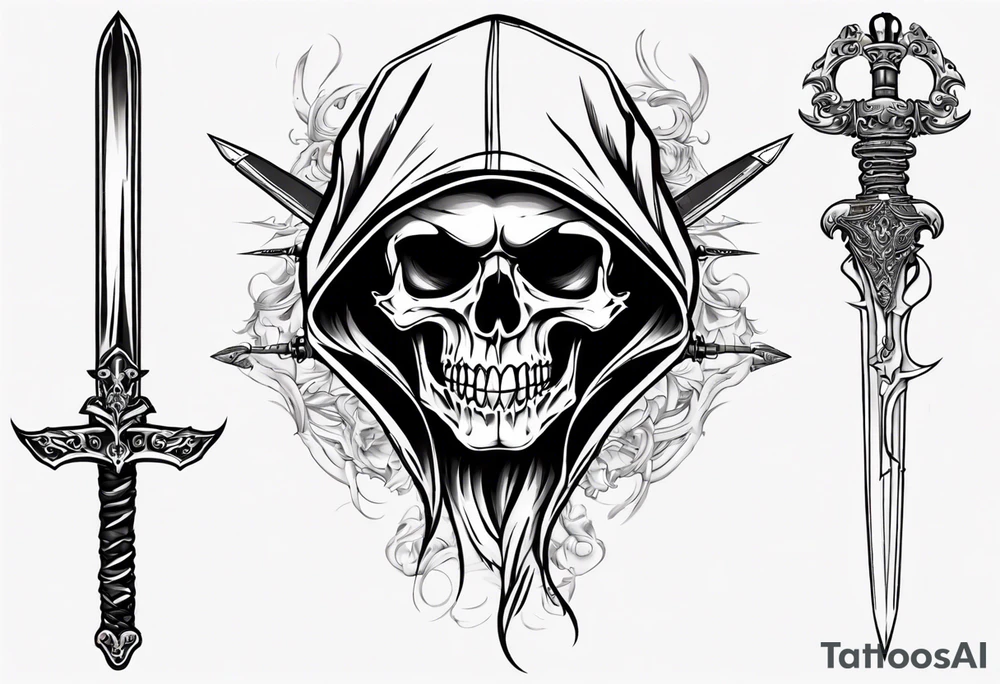 hooded skull sword tattoo idea