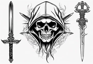 hooded skull sword tattoo idea