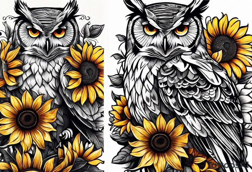 Arm sleeve with owl and sunflowers tattoo idea