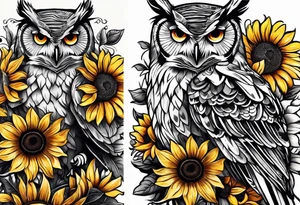 Arm sleeve with owl and sunflowers tattoo idea