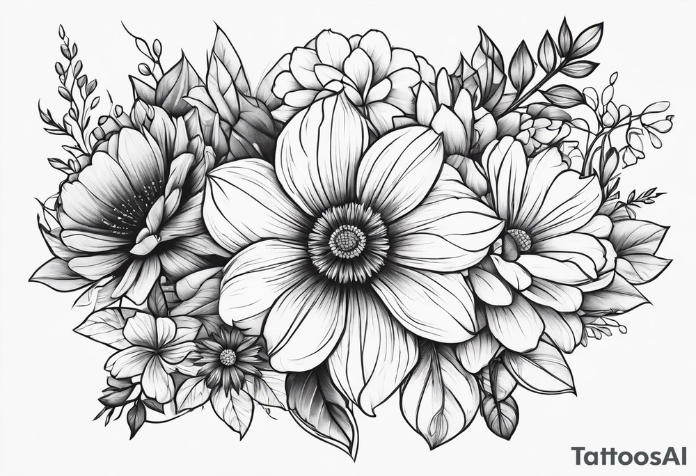 Standard flower bouquet on upper arm tattoo idea
