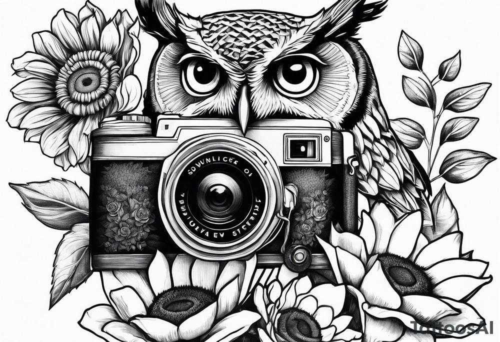 Sunflower, camera, book, owl, flower rose tattoo idea