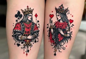 Two playing card symbols—King of Spades and Queen of Hearts—done in black, red, and subtle shading. tattoo idea