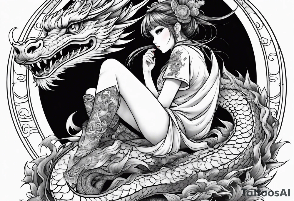 american traditional style of tattoo, an anime girl sitting on a asian dragon surrounded by cloud tattoo idea