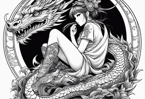 american traditional style of tattoo, an anime girl sitting on a asian dragon surrounded by cloud tattoo idea