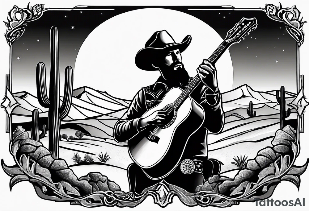 Acoustic Guitar cowboy by a campfire with a desert tattoo idea