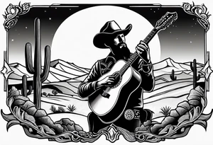 Acoustic Guitar cowboy by a campfire with a desert tattoo idea