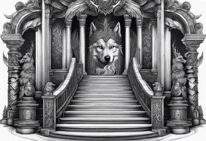 a staircase to valhalla with a big face of odin Odin at its end. On the side of the stair is a pack ow wolves. Also add in a a pair of doves and two ravens tattoo idea