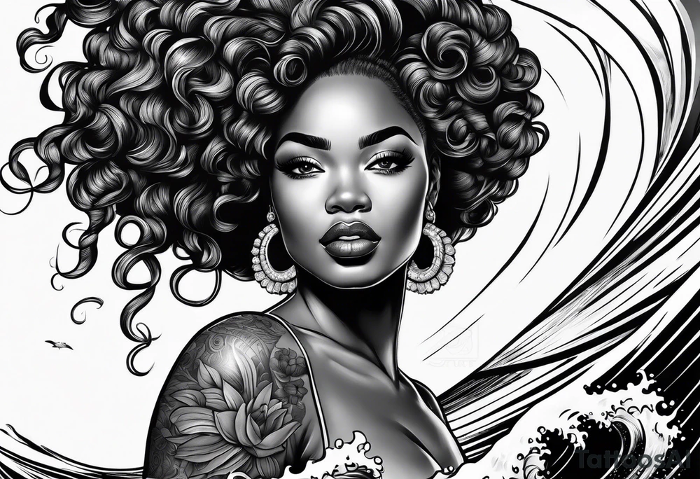 Black woman with natural hair surfing pinup tattoo idea