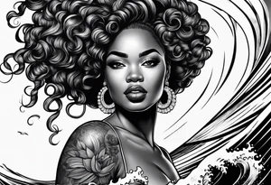 Black woman with natural hair surfing pinup tattoo idea