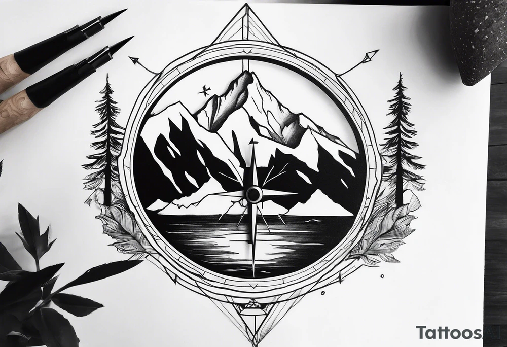 compass with mountains, trees, tavel inspired tattoo idea