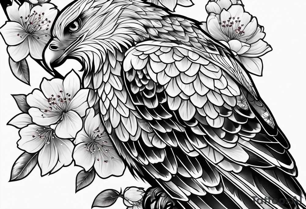traditional.
full leg sleeve with the following elements: hawk and cherry blossoms tattoo idea
