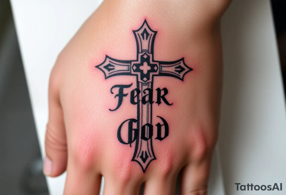 Cross with text fear god tattoo idea