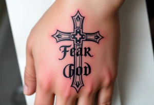 Cross with text fear god tattoo idea