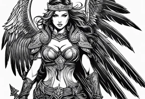 female warrior angel in black standing tattoo idea