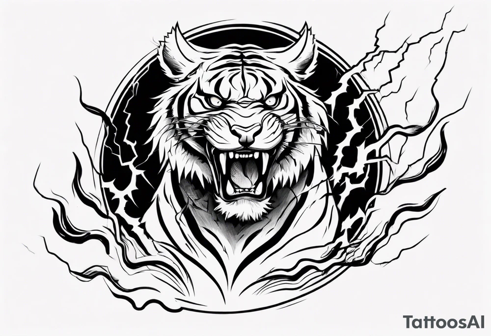 mythical ferocious tiger with lightning around it. The tattoo is for a forearm sleeve tattoo idea