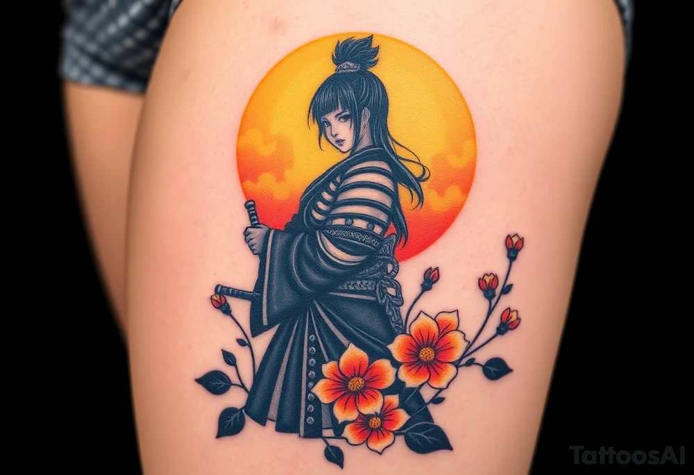 noble female samurai warrior silhouette at sunset with flowers, yellows and reds tattoo idea