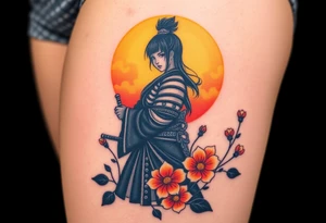 noble female samurai warrior silhouette at sunset with flowers, yellows and reds tattoo idea