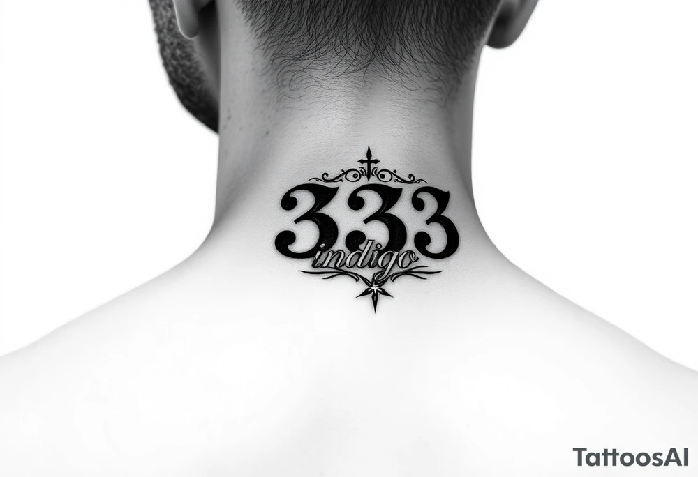 Spiritual number 333 with the name indigo in it small to medium tattoo on right side of 
neck tattoo idea