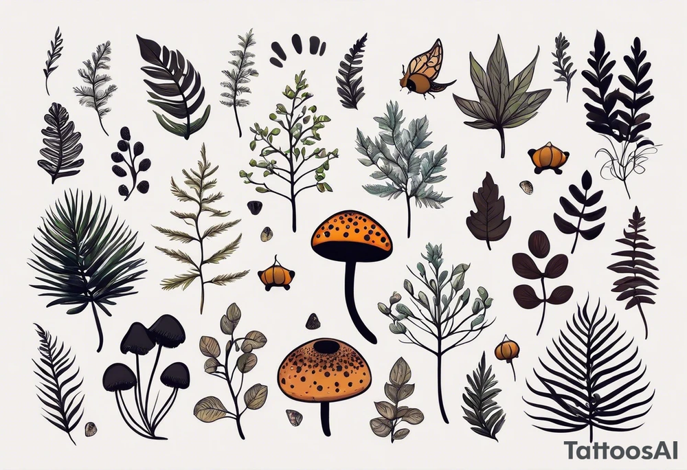 minimalistic forest floor inspired tattoo, which includes grass, moss, curly ferns and dead leaves as the bulk of the tattoo. details to include: forest berries, couple of very small brown mushrooms, a tiny bumblebee flying nearby tattoo idea
