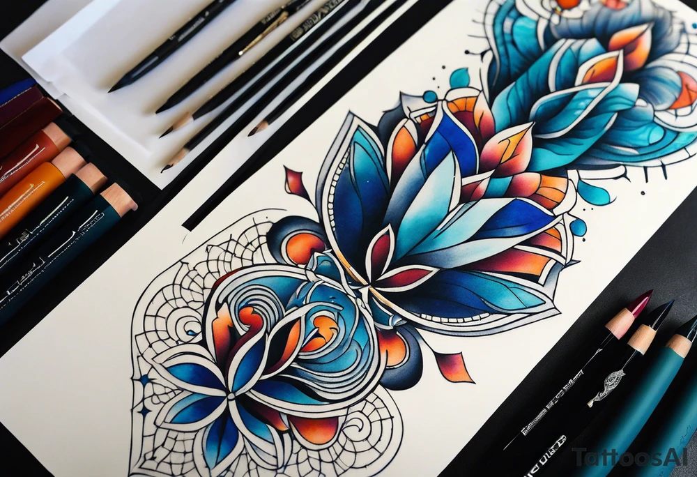 semi Detailed neo traditional knee tattoo flat on paper. The tattoo features geometric patterns and bold lines, creating a visually striking design with slight tints of deep fall colors. The a background 
behind the tattoo featuring deep blues washes and water swirls tattoo idea