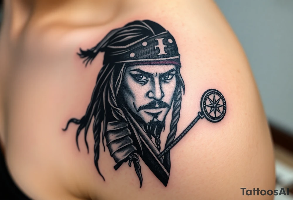 A dramatic black-and-gray portrait of Jack Sparrow with his head slightly tilted, holding a compass in one hand, with wind-blown dreadlocks and an intense gaze tattoo idea