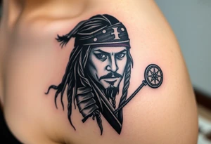 A dramatic black-and-gray portrait of Jack Sparrow with his head slightly tilted, holding a compass in one hand, with wind-blown dreadlocks and an intense gaze tattoo idea