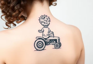 minimalist back view of curly headed toddler son riding a toy tractor with a geometric frame tattoo idea