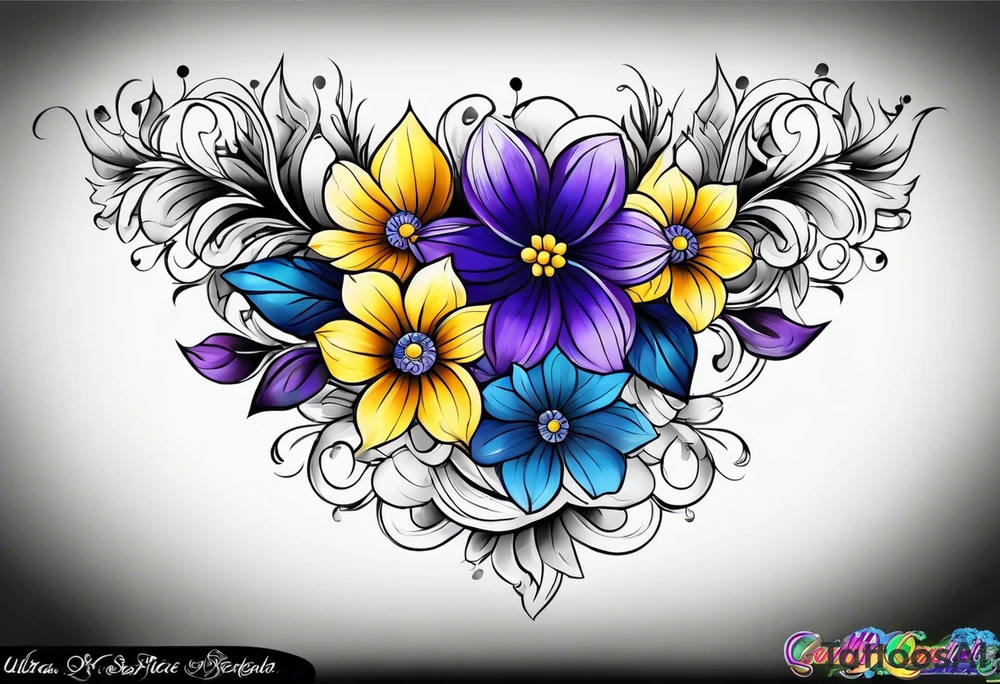 Blue yellow and purple flowers arm sleeve tattoo idea