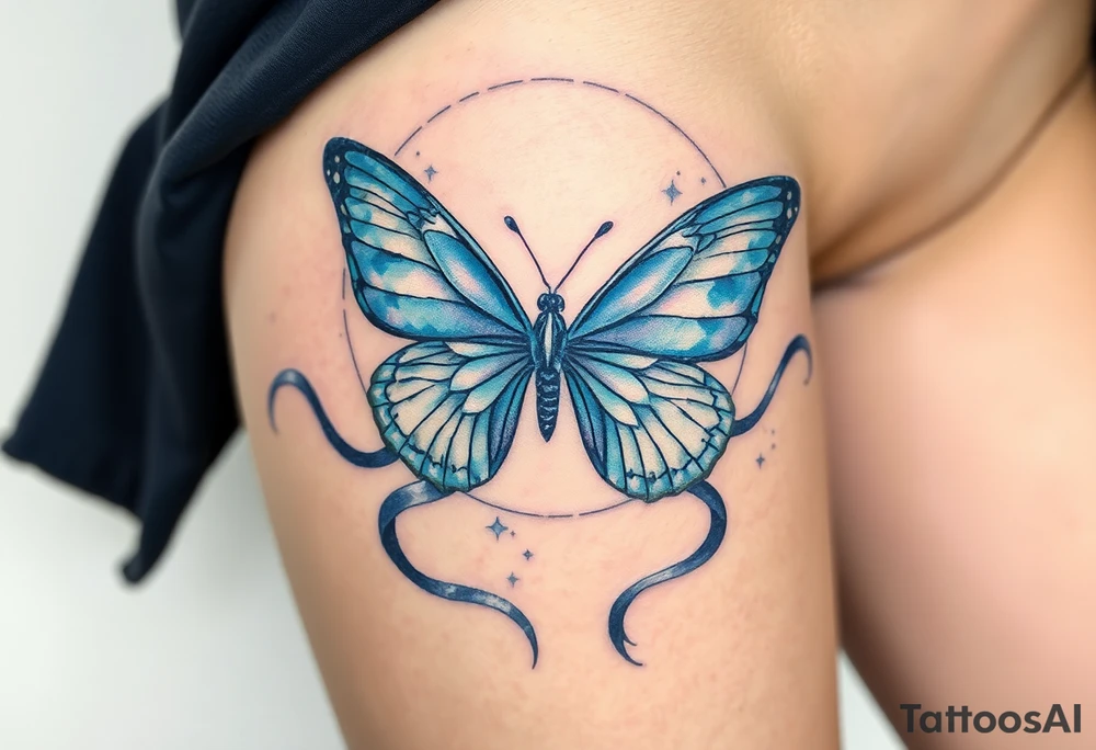 ethereal butterfly with flowing silk ribbons in full moon tattoo idea