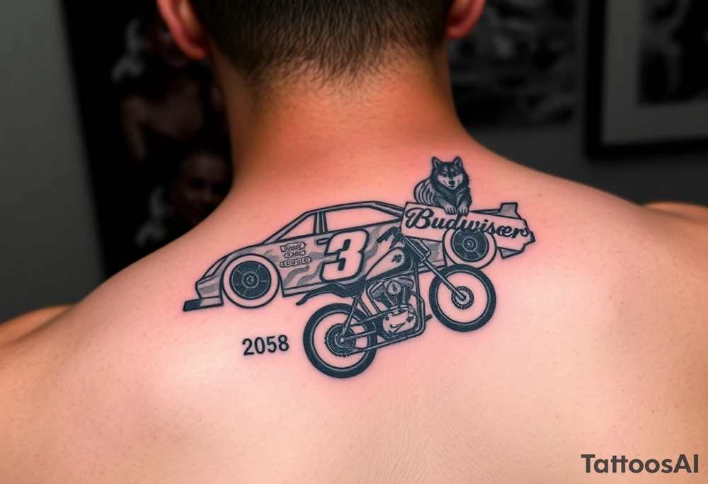 Dale Earnhardt car on it with the year 1958 - 2021 intertwined with a motorcycle with a Budweiser logo on it with a guardian angel wolf tattoo idea