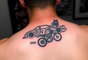 Dale Earnhardt car on it with the year 1958 - 2021 intertwined with a motorcycle with a Budweiser logo on it with a guardian angel wolf tattoo idea