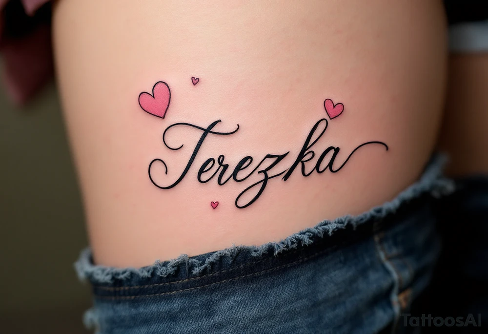 The name Terezka written in elegant script, surrounded by soft pink watercolor hearts. tattoo idea