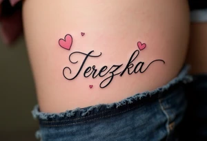 The name Terezka written in elegant script, surrounded by soft pink watercolor hearts. tattoo idea