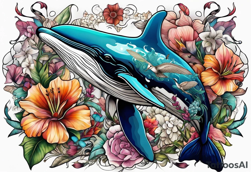 flowers, collage, whale and hummingbird tattoo idea