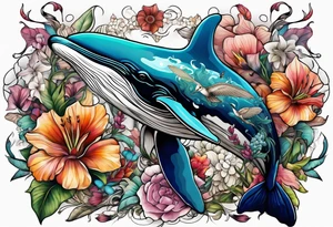 flowers, collage, whale and hummingbird tattoo idea