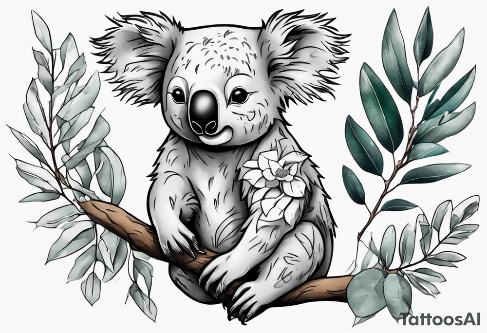 A koala with a kookaburra with eucalyptus leaves and wattle leaves tattoo idea