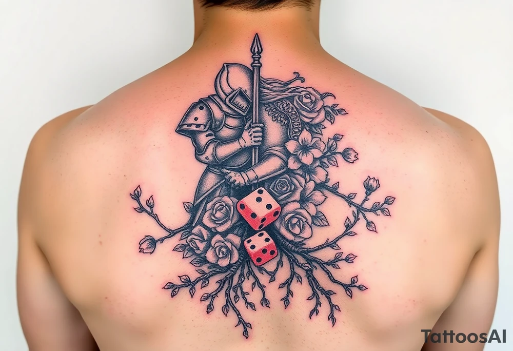 knight and squid intertwined with climbing roses and tree roots with cherry blossoms rolling dice tattoo idea