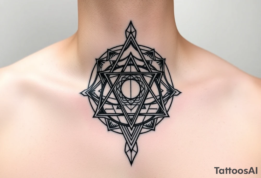 wide sacred geometry throat tattoo with multiple layers tattoo idea