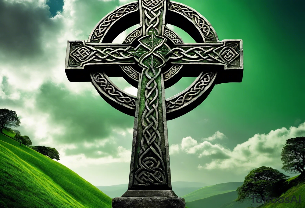 A large, weathered stone Celtic cross standing proudly atop a lush green hill, its four arms stretching skyward. The cross is intricately carved with intertwining knots and spirals, reflecting the artistry of the ancient Celts. A large raven sits perched at the intersection of the cross's arms, its ebony feathers gleaming in the soft light. The bird's eyes seem to hold a wisdom beyond its years, as if it has been witness to countless generations come and gone. tattoo idea