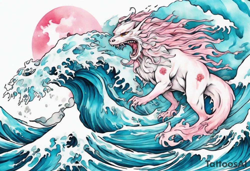 a beautiful turquoise pink and white lady falkor rising from the blue waves of the ocean tattoo idea