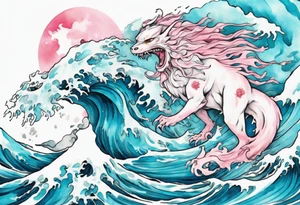 a beautiful turquoise pink and white lady falkor rising from the blue waves of the ocean tattoo idea